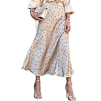 Women Sexy High Waisted Geometric Flowy A-Line Midi Slip Skirt Soft Polka Dot Long Flared Casual Office Skirt