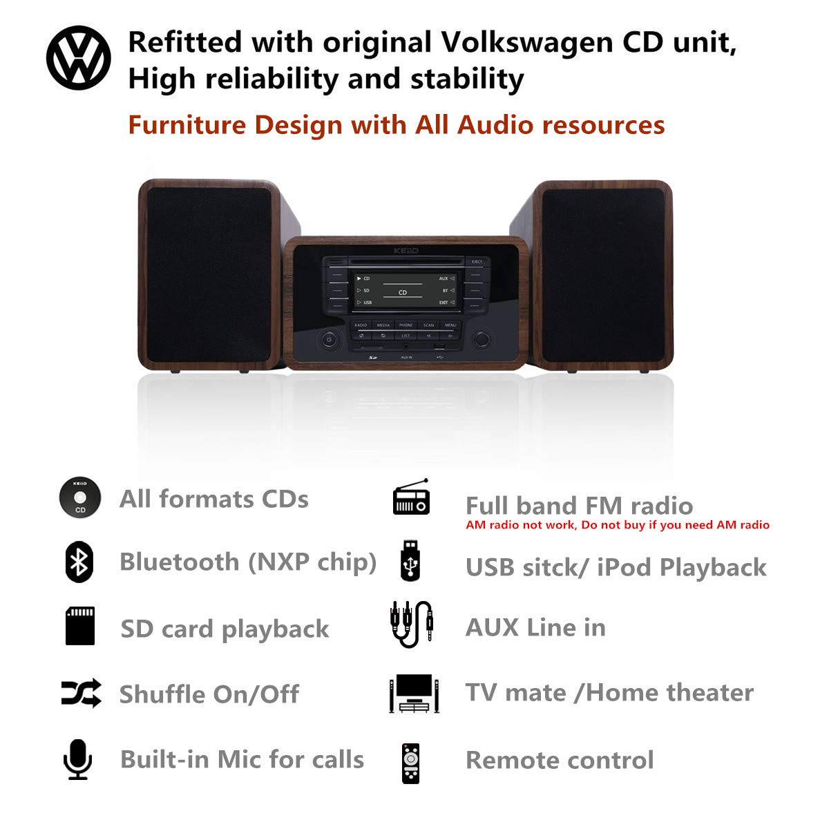 KEiiD Stereo Shelf System Powered with Bookshelf Speakers RMS 2X 25W for Home Audio Entertainment with CD Player and Bluetooth / FM Radio / USB / SD / AUX,Remote Control