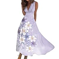 Maxi Dresses for Women 2024 Spring Denim Long Summer Sleeveless V-Neck Waist Retraction Printed Dress