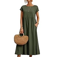 Cotton Linen Maxi Dress for Womens Crew Neck Short Sleeve Casual Dress Loose Tunic Beach Dresses with Pockets