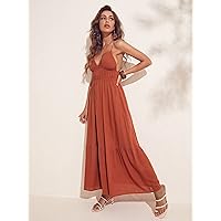 Dresses for Women - Criss Cross Backless Ruffle Hem Cami Dress (Color : Rust Brown, Size : X-Large)