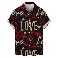 Valentine's Day Hawaiian Shirt for Men Relaxed-Fit Short Sleeve Button Down Shirts Vacation Dating Heart Print Tops