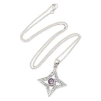 NOVICA Handmade .925 Sterling Silver Amethyst Pendant Necklace Four Pointed Star Indonesia Birthstone Gemstone Balinese 'Due North'