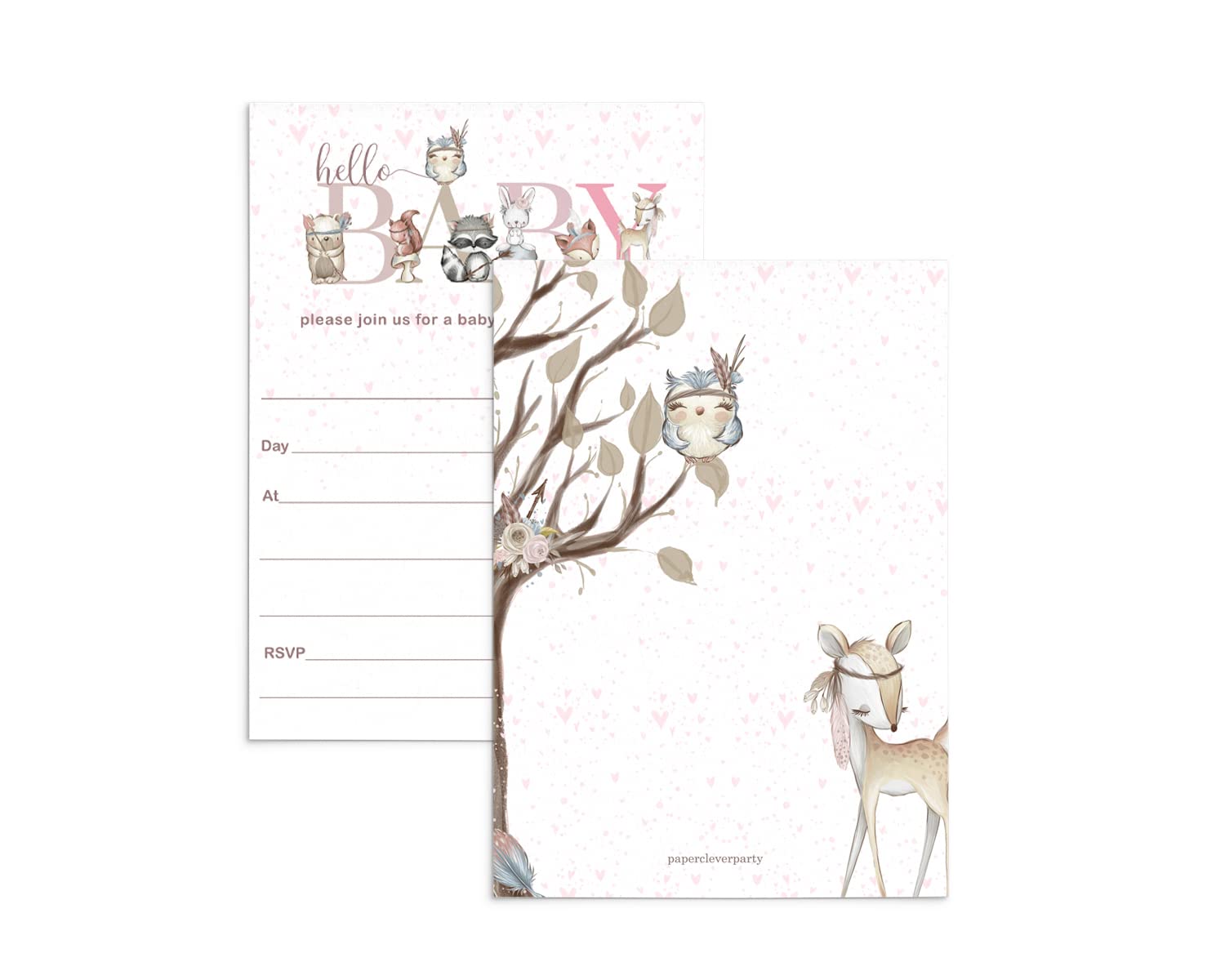 Woodland Friends Invitations with Envelopes (25 Pack) Baby Shower Invitation for Girls Pink, Rustic, Floral or Animal Event Theme – Printed Blank Invites to Handwrite Party Details DIY