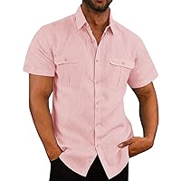 Pengfei Mens Short Sleeve Shirts Linen Cotton Button Down Tees Spread Collar Plain Shirts A-Grey Large