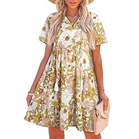 SHEWIN Women's Spring Summer Boho Floral Dresses Casual V Neck Short/Long Sleeve Ruffle Hem A-Line Mini Dress