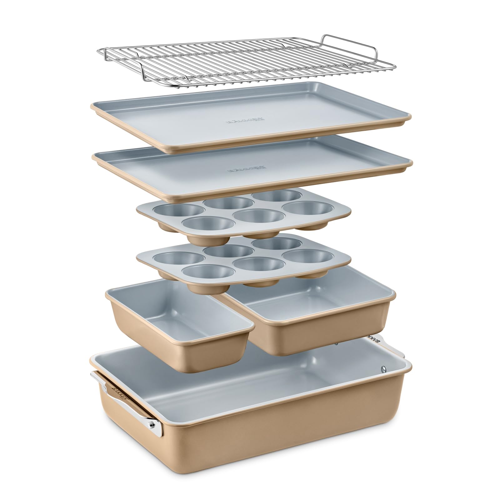 Bakken 8-Piece Stackable Bakeware Set - Aluminized Steel with Ceramic Non-Stick Coating, PFOA & PFAS Free - Healthy Baking, Ergonomic Handles, Cooling Rack, Non-Toxic, Oven-Safe, Durable Quality