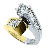 14k White & Yellow Gold 2.90 Carats Round Princess & Baguette Cut Diamond Engagement Ring