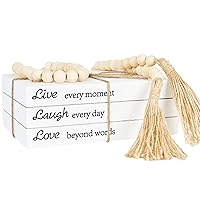 Decorative Books for Home Decor, White Faux Books for Decoration, Rustic Farmhouse Stacked Display Books with 52in Wood Bead Garland for Coffee Tables Living Room, (Live Laugh Love)
