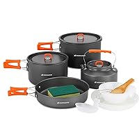 Odoland 15pcs Camping Cookware Non-Stick Lightweight Camping Pots and Pans Set with Kettle Plastic Plates Bowls Soup Spoon for Camping, Backpacking, Outdoor Cooking and Picnic