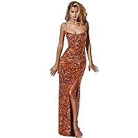 Women's Sequin Prom Dresses Long for Women Spaghetti Strap Sparkly Prom Formal Dress with Slit
