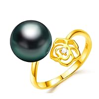 GOWE Flower Adjustable Pearl Ring 10-11mm Natural Black Tahitian Cultured Pearl Ring 18K Gold Pearl Ring