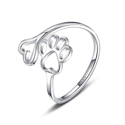 Puppy Pet Lovers Paw Print Ring Heart 925 Sterling Silver Adjustable Ring Pet Animal Jewelry Creative Pierced Love Dog Cat Claw Ring Pet Loving Friend Families Gifts
