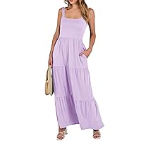 Women Sundresses Casual Sundresses for Women 2024 Solid Color Classic Simple Sexy Backless Loose with Sleeveless Ruched Dresses Light Purple Medium