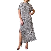 Women's Pleated Short Sleeve Casual Long Maxi Pull On Scoop Neck with Side Slit Flowy Dress