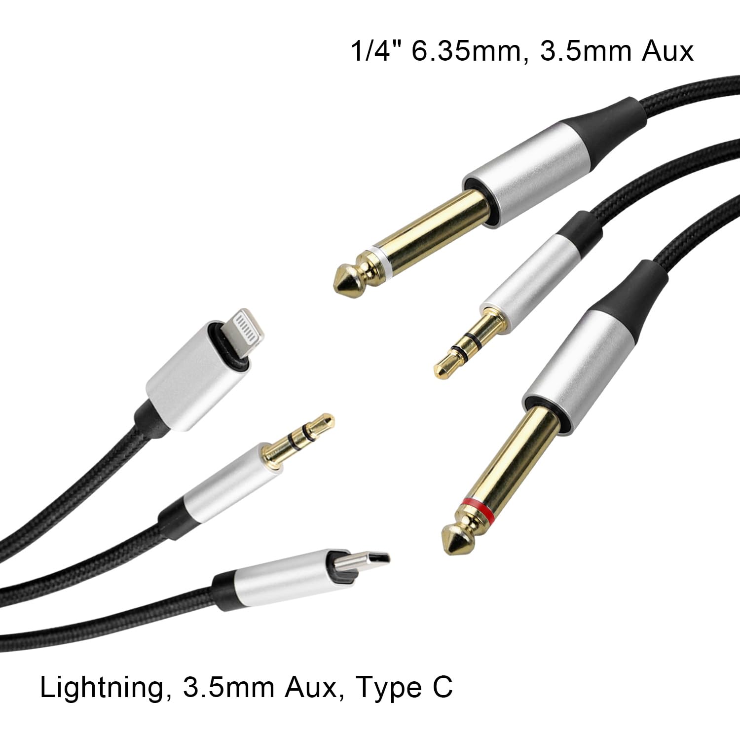 Meamaz MFi Certified Lightning Type C Aux 3.5mm to 1/4” 6.35mm and Aux 3.5mm Audio Stereo Cable with Hi-Fi DAC Chip Compatible for iOS& Android Power Amplifier Home Theater Speaker Car Audio Projector