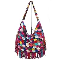 Women Sheepskin Hobo Bag Multicolour Patchwork Shoulder Bag Leaf Handbag Purse