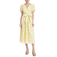 Badgley Mischka Collared V-Neck Puff Sleeve Tie Waist Floral Faux Wrap Lace Dress