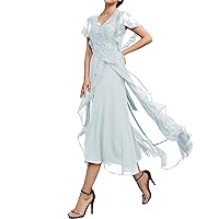 Mother of The Bride Dresses for Wedding Chiffon Lace Applique Formal Dress with Ruffle Sleeves MK23