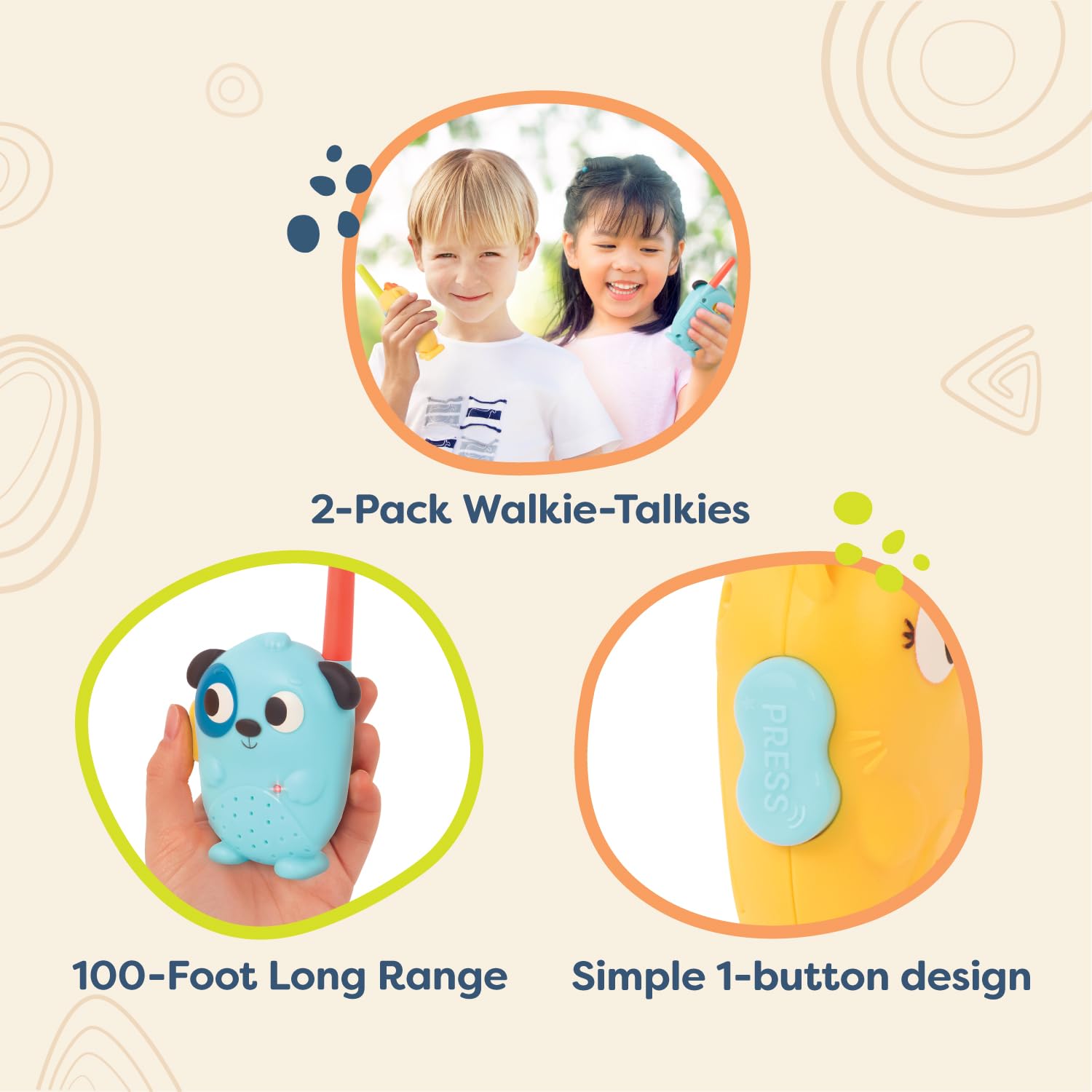 B. Toys- Lolo & Woofer Walkie-Talkies- Walkie Talkie Set – 2-Pack Walkie Talkies – Long 100-Foot Range – Toys for Toddlers, Kids – 3 Years +
