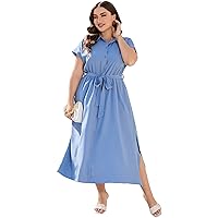 KOJOOIN Plus Size Maxi Dresses for Women Summer Tie Belt Work Polo Dress Business Casual Button Down Dress