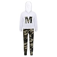 Kids Girls Sports Suit Long Sleeve Hooded Sweatshirt Top and Camo Pants Set for Workout