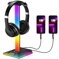 Upgraded RGB Gaming Headphones Stand, Headset Stand with 3.5mm AUX and 2 USB Charging Ports, Headphone Holder with 10 Light Modes and Memory Feature for Gamers PC Earphone Accessories Desk