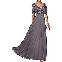 Women's V Neck Mother of The Bride Dresses for Wedding Lace Wedding Guest Dress Long Formal Evening Party Prom Gowns Purple Gray, 12