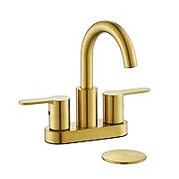Brushed Gold 2 Handle Centerset Bathroom Sink Faucet with Drain Assembly, High Arc Modern 4 Inch Bathroom Vanity Lavatory Faucet 3 Holes with Brass 360° Swivel Spout, TAF067E-PB