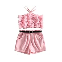 Emmababy Toddler Girl Ruffle Shorts Outfit Ribbed Crop Top Sleeveless One Shoulder Tank Tops Polka Dot Print Shorts with Belt