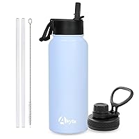 Sports Stainless Steel Water Bottle with Straw, Spout lid-32OZ - Keep Water Cold/Hot, Wide Mouth Vacuum Insulated Thermos Metal Water Bottles for Biking Hiking (Light Blue, 32OZ)