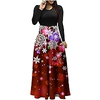 Womens Christams Dresses Glittery Snowflake Printed Patchwork Maxi Dress Casual Long Sleeve Crew Neck High Waist Dresses