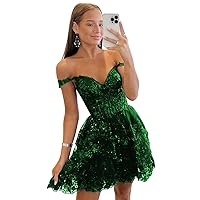 Off Shoulder Sequin Homecoming Dresses 2024 Tiered Lace Short Prom Dress for Teens Sparkly Cocktail Party Gown