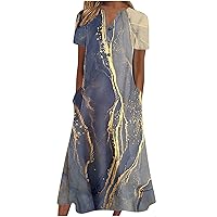 Women's 2023 Casual Summer Maxi Dresses Short Sleeve Empire Waist Shift Dress Floral O Neck Beach Dress with Pockets