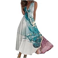 Spring Dresses for Women 2024 Summer Navy Blue Long Maxi Swing Dress A Line Dress Floral Print Sleeveless V Neck Dress