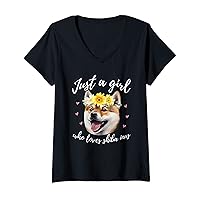 Womens Just A Girl Who Loves Shiba Inus - Funny Shiba Inu Dog Owner V-Neck T-Shirt