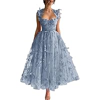 3D Butterfly Tulle Prom Dresses Spaghetti Straps Tea Leagth A-Line Formal Evening Gowns