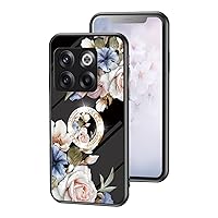 for One Plus 10T 10 Pro ACE Pro 5G Glossy Slim Bumper, Exquisite Flowers Tempered Glass Phone case with Bling Rhinestones Finger Ring Holder for Women Girls(Black,10 Pro)