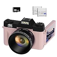 4K Digital Cameras for Photography 48MP Vlogging Camera 16X Digital Zoom Manual Focus Rechargeable Students Compact Camera with 52mm Wide-Angle & Macro Lens, 32G TF Card and 2 Batteries