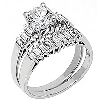 14k White Gold Round & Baguette Diamond Engagement Ring Bridal Set 1.20 Carats