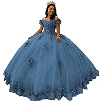 XYAYE Women's Off Shoulder Lace Beaded Quinceanera Dresses Ball Gown Puffy 3D Flowers Sweet 15 16 Dresses with Bowie XY083