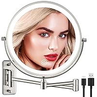 DECLUTTR Rechargeable Wall Mounted Lighted Makeup Mirror, 8 Inch Double Sided 1X/10X Magnifying Mirror with 3 Color Lights, Touch Screen Dimming Extendable Shaving Light up Mirror, Nickel