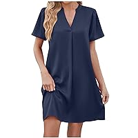 Office Formal Dresses for Women for Work Loose V Neck Short Sleeve Pleated Tunic Dress Summer Business Casual Dresses