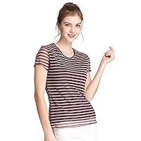 通用 Ladies Short Sleeve T-Shirt 100% Mulberry Silk Striped Double Layer Plus Size Women's Clothing