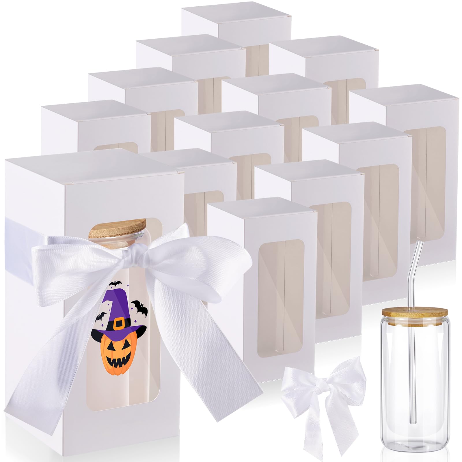 Fulmoon 36 Sets Sublimation Glass Gift Boxes 3.08x3.08x6.38 Inches Exhibition Box Tumbler Boxes Transparent Gift Box with Ribbon for Thanksgiving Christmas 12, 16, 18oz Sublimation Glass (White)