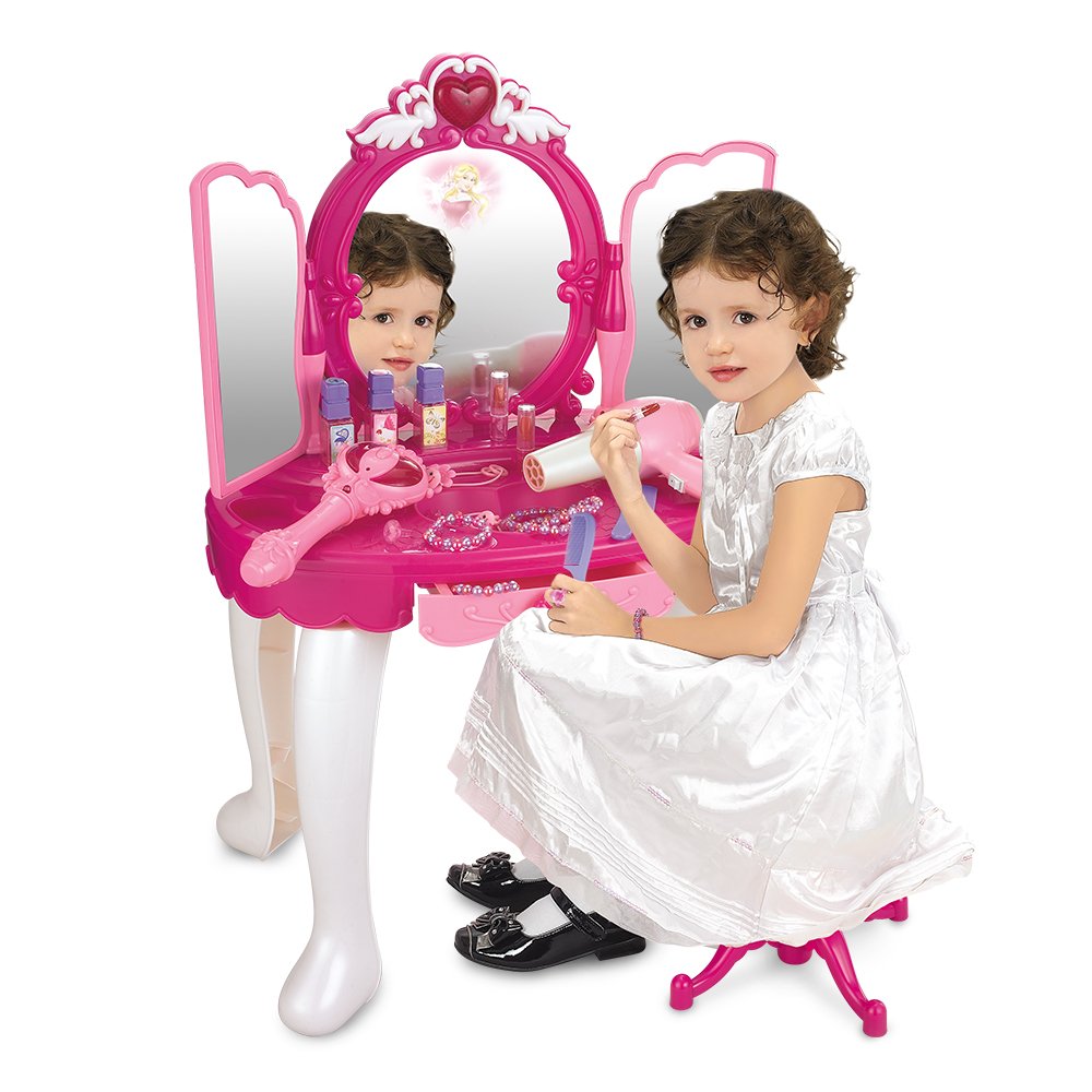 SainSmart Jr. Pretend Princess Girls Vanity Table with Fairy Infrared Control and MP3 Music Playing, Princess Dressing Makeup Table, with Mirror, Cosmetics and Working Hair Dryer , Pink
