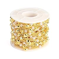 LiQunSweet 5m(16.4 Ft) Golden Plated Brass Handmade Heart Beaded Link Chain Curb Chains with CCB Plastic Imitation Pearl Bead and Spool for Valentine's Day Jewelry Making DIY Craftings - 2x1mm