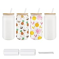 4 pack Sublimation Glass Blanks with Bamboo Lid, 16oz Frosted Glass Cups with Lids and Straws, Sublimation Glass Cups, Borosilicate Glasses for Beer, Juice, Soda, Iced Coffee, Drinks…