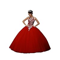 Women's Sweetheart Quinceanera Dress Lace Sequin Beads Applique Backless Princess Ball Gown Tulle Prom Dress Red