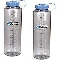 Nalgene Silo 48oz Tritan Grey W/Blue Top Wide Mouth Bottle, 2 Bottle Pack, 11.3 Inches Tall by 3.5 Inches in Diameter